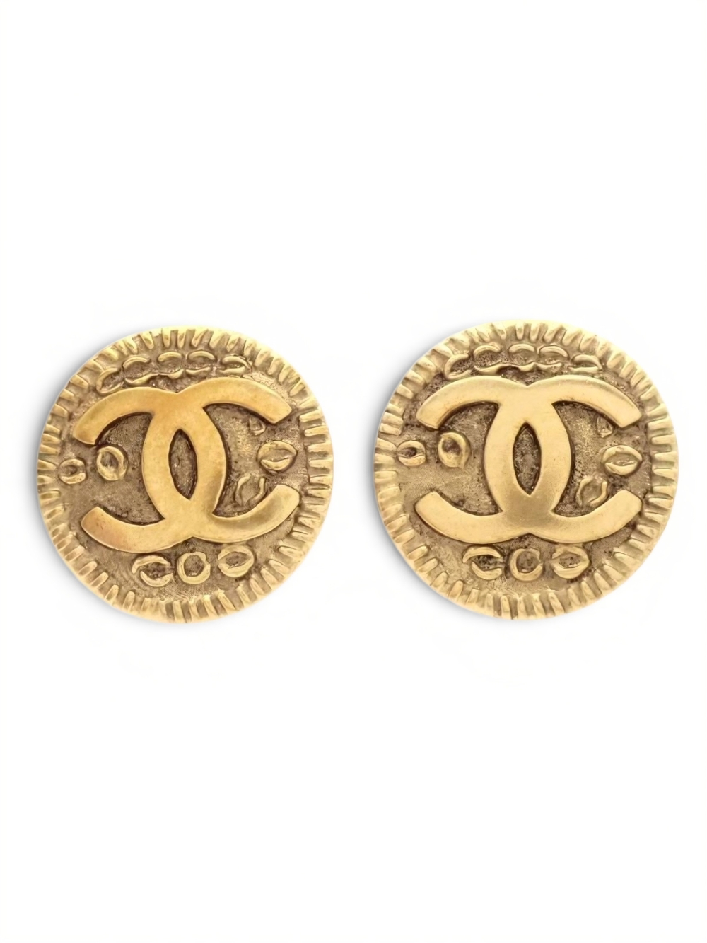 CHANEL Coco Earrings Gold Plated CC Emblem Coin Clip On Vintage